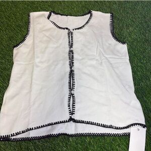 Elegant White Sleeveless sweater tank Top with Black Trim